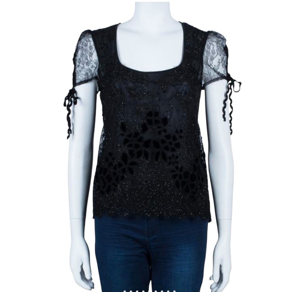Valentino Black Beaded Square Neck Sheer Short Sleeve Top Size 6